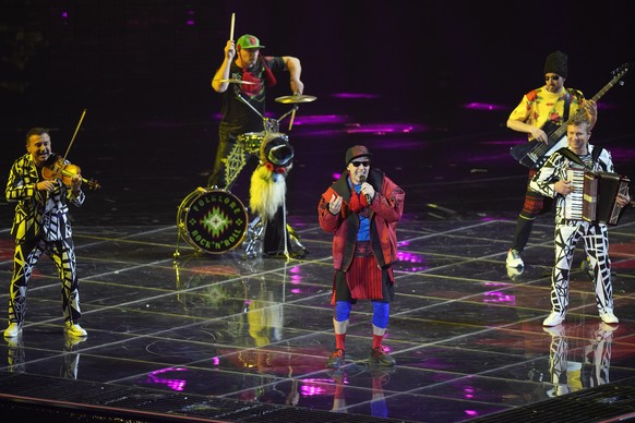 Zdob si Zdub &amp; Advahov Brothers singing Trenuletul of Moldova perform during rehearsals at the Eurovision Song Contest in Turin, Italy, Monday, May 9, 2022. (AP Photo/Luca Bruno)