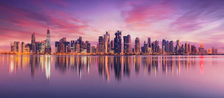 Doha, Qatar - October 14, 2020: The Panoramic skyline of Doha, Qatar during sunrise