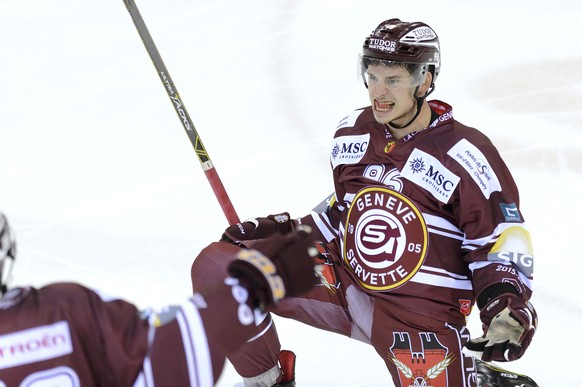 Le joueur Genevois, Noah Rod, laisse eclater sa joie, lors du match du championnat suisse de hockey sur glace de National League LNA, entre le Geneve Servette HC et le HC Ambri-Piotta, ce vendredi 11 ...