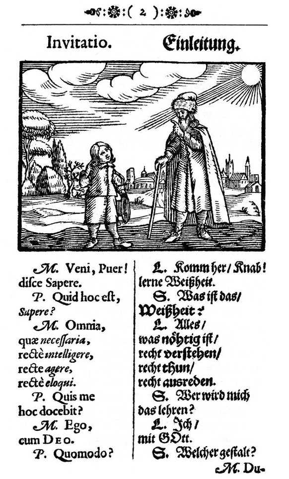 Die Einleitung des Jugend- und Schulbuches Orbis sensualium pictus («Die sichtbare Welt»), Adolf Friedrichs Lieblingslektüre.