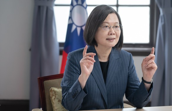 epa09189436 A handout photo provided by the Taiwan Presidential office shows Taiwan President Tsai Ing-wen speaking during the Copenhagen Democracy Summit via a video conference, in Taipei, Taiwan, 10 ...