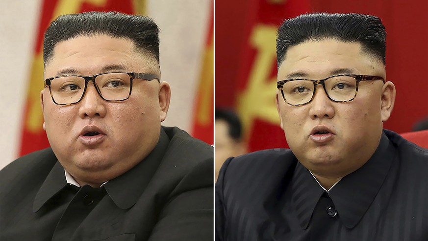 FILE - This combination of file photos provided by the North Korean government, shows North Korean leader Kim Jong Un at Workers&#039; Party meetings in Pyongyang, North Korea, on Feb. 8, 2021, left,  ...