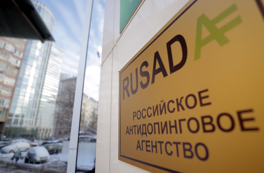 epa07270801 A sign of the Russian Anti-Doping Agency RUSADA is seen on a wall of a building which houses the Russian Anti-Doping Agency RUSADA in Moscow, Russia, 09 January 2019. The World Anti-Doping ...