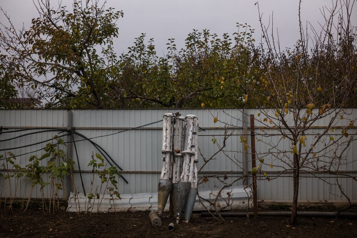 ZELENYI HAI, UKRAINE - NOVEMBER 11: Cluster bomb carriers collected by Oleksandr Pashchenko (42) from his fields in a village Zelenyj Hai, Ukraine, 11th of November 2022
(Photo by Wojciech Grzedzinski ...