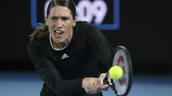 Andrea Petkovic of Germany plays a backhand during their singles match against Naomi Osaka of Japan at Summer Set tennis tournament ahead of the Australian Open in Melbourne, Australia, Friday, Jan. 7, 2022. (AP Photo/Hamish Blair)
Andrea Petkovic