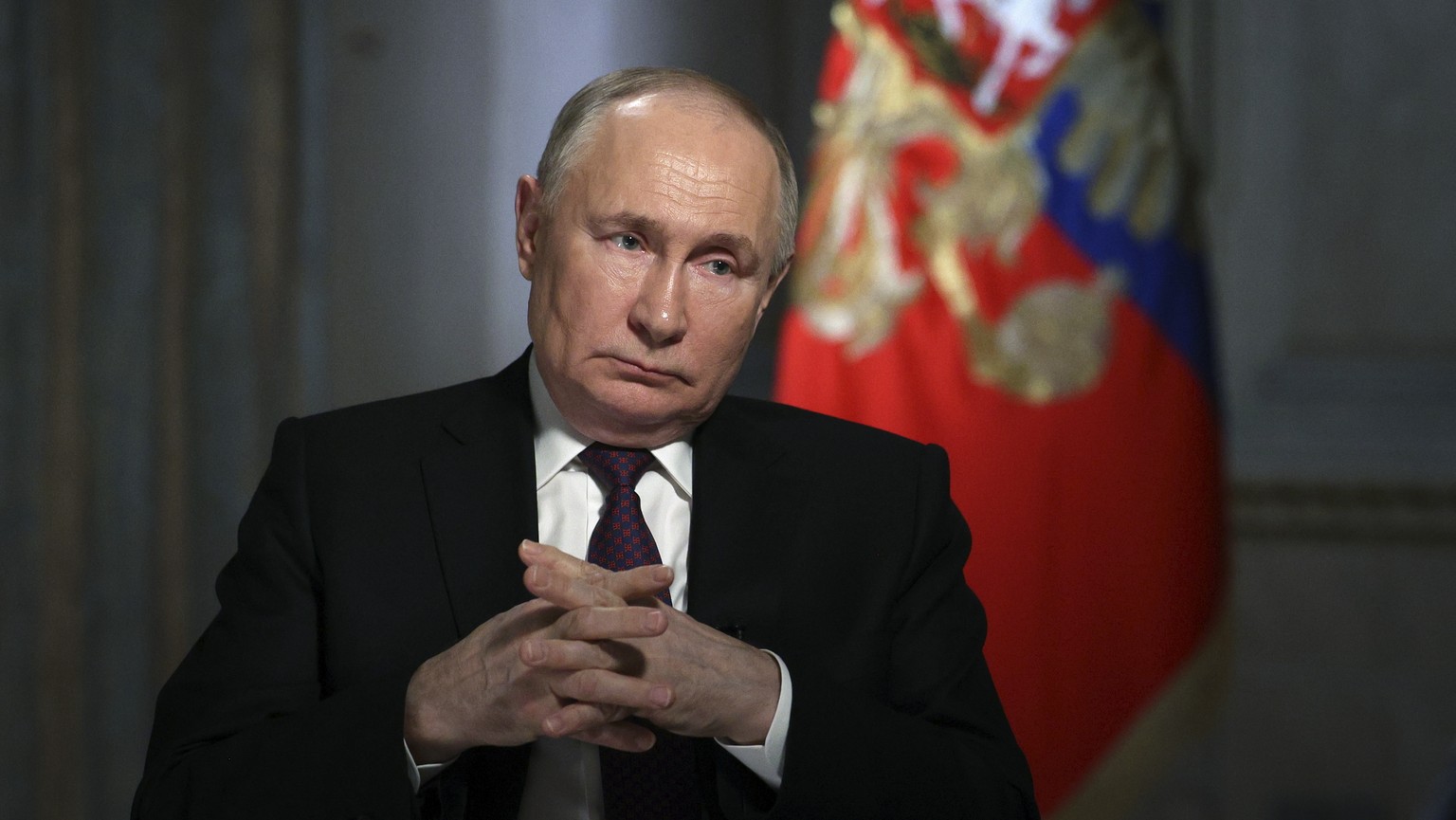 FILE - Russian President Vladimir Putin gestures while speaking during an interview with a Russian state-owned media organization in Moscow, Russia, Tuesday, March 12, 2024. As Vladimir Putin heads fo ...