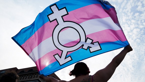 epa06745121 A person holds up trans and gender diverse flag during a rally in support of homosexual and transexual rights on the International Day against Homophobia and Transphobia in Berlin, Germany ...