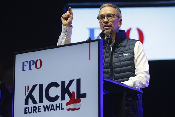 Head of the Freedom Party (FPOE) Herbert Kickl gestures during his speech at a final election campaign event at St. Stephen&#039;s square in Vienna, Austria, Friday, Sept. 27, 2024, ahead of the count ...