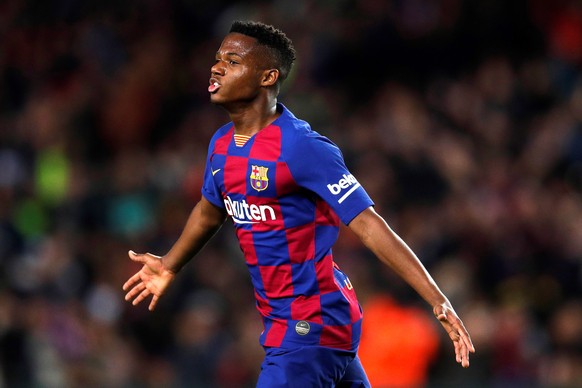 epa08188930 FC Barcelona&#039;s Ansu Fati celebrates after scoring during the Spanish LaLiga soccer match between FC Barcelona and UD Levante played at the Camp Nou stadium in Barcelona, Spain, 02 Feb ...