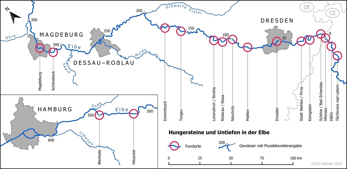 Übersichtskarte der Fundorte von Hungersteinen und Untiefen in der Elbe 
https://www.wasser.sachsen.de/hungersteine-der-elbe-15802.html