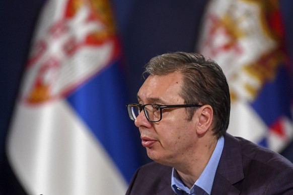 In this photo provided by the Serbian Presidential Press Service, Serbian President Aleksandar Vucic speaks during a press conference in Belgrade, Serbia, Sunday, Sept. 24, 2023. At least 30 gunmen ki ...
