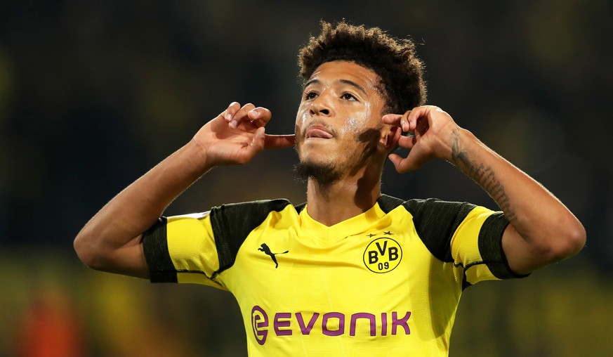 epa07049596 Dortmund&#039;s Jadon Sancho celebrates after scoring the 6-0 lead during the German Bundesliga soccer match between Borussia Dortmund and FC Nuernberg in Dortmund, Germany, 26 September 2 ...