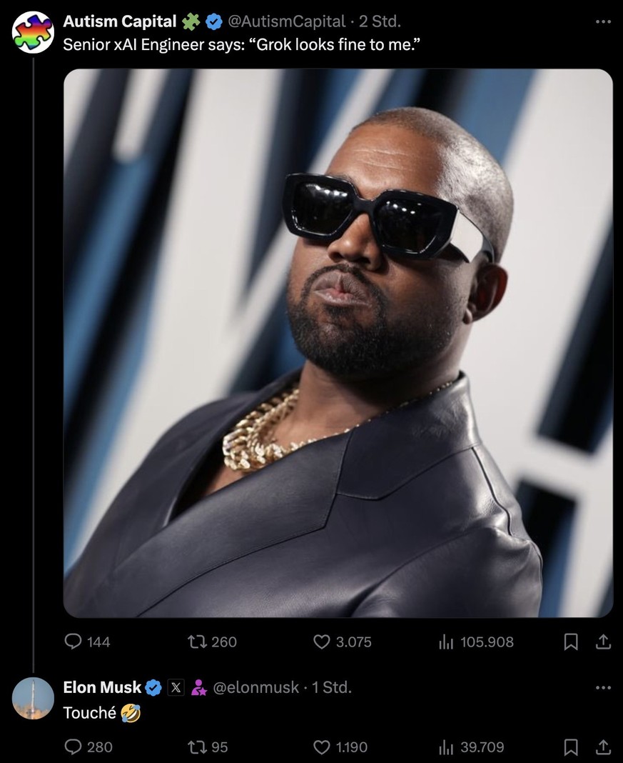 Elon Musk reagiert auf ein Posting, das die antisemitischen Äusserungen des KI-Chatbots Grok mit einem Witz über Kanye West relativiert.