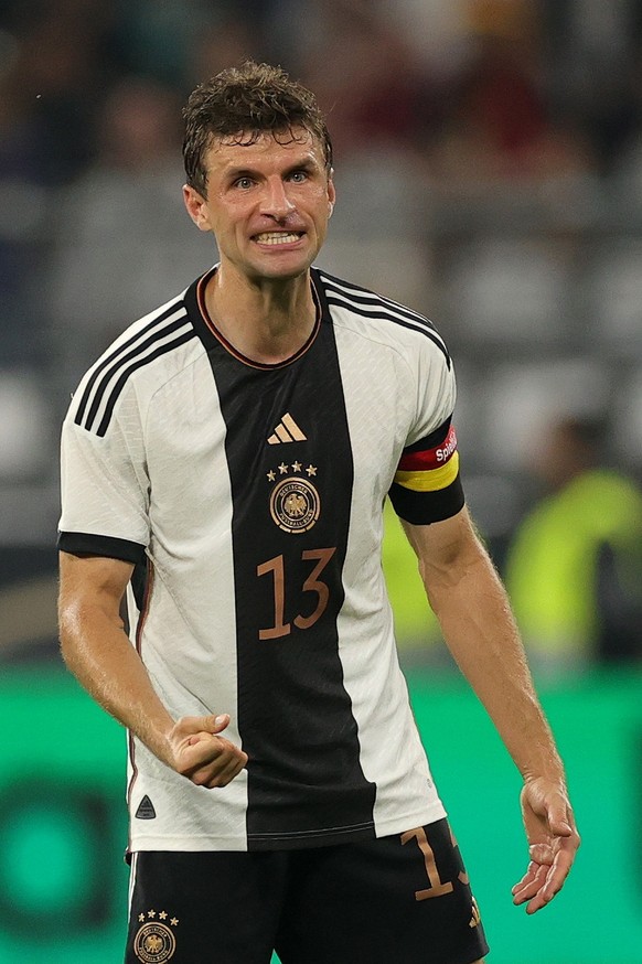 epa10857258 German Thomas Mueller reacts during the international friendly football match between Germany and France in Dortmund, Germany, September 12, 2023. EPA/FRIEDEMANN VOGEL