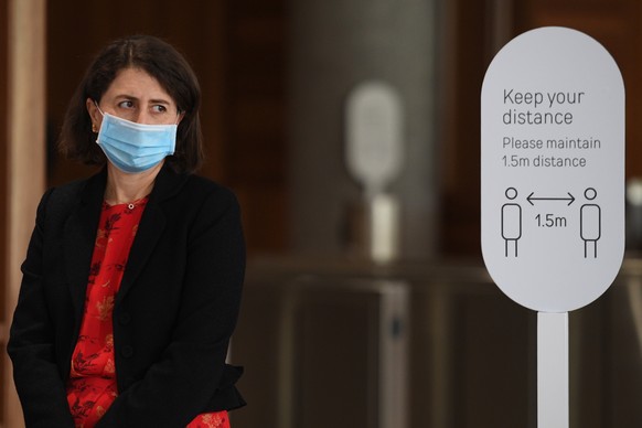 epa09436350 New South Wales Premier Gladys Berejiklian .looks on during a COVID-19 update press conference in Sydney, New South Wales, Australia, 30 August 2021. EPA/Dean Lewins AUSTRALIA AND NEW ZEAL ...