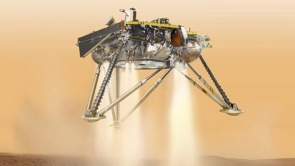 This is an illustration showing a simulated view of NASA&#039;s InSight lander about to land on the surface of Mars. This view shows the underside of the spacecraft.