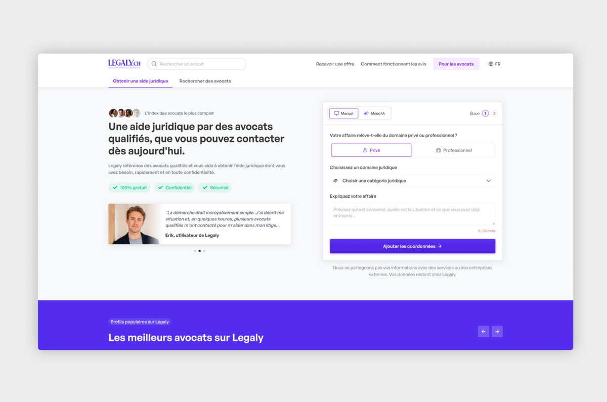 Le site Legaly.ch met en relation les justiciables et les avocats en Suisse.