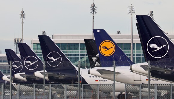 epa12729808 Airplanes of the Lufthansa carrier are parked on the tarmac during a strike at the international airport in Munich, Germany, 12 February 2026. Pilots and cabin crew are striking at Lufthan ...