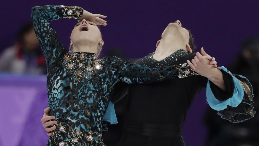 Piper Gilles and Paul Poirier of Canada perform during the ice dance, short dance figure skating in the Gangneung Ice Arena at the 2018 Winter Olympics in Gangneung, South Korea, Monday, Feb. 19, 2018 ...