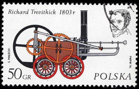 POLAND - CIRCA 1976: A stamp printed in the Poland shows Streame locomotive by Richard Trevithick, circa 1976