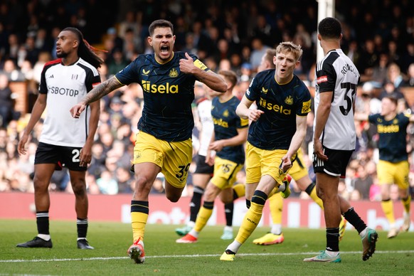 epa11262625 Bruno Guimaraes of Newcastle celebrates scoring the 1-0 goal during the English Premier League soccer match between Fulham FC and Newcastle United, in London, Britain, 06 April 2024. EPA/D ...