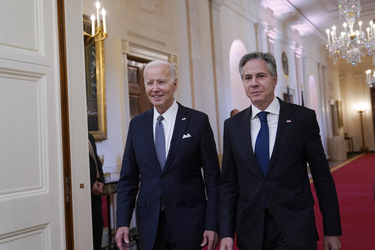 President Joe Biden and Secretary of State Antony Blinken arrive to speak at a chiefs of mission reception in the East Room of the White House in Washington, Tuesday, June 13, 2023. The chiefs of miss ...