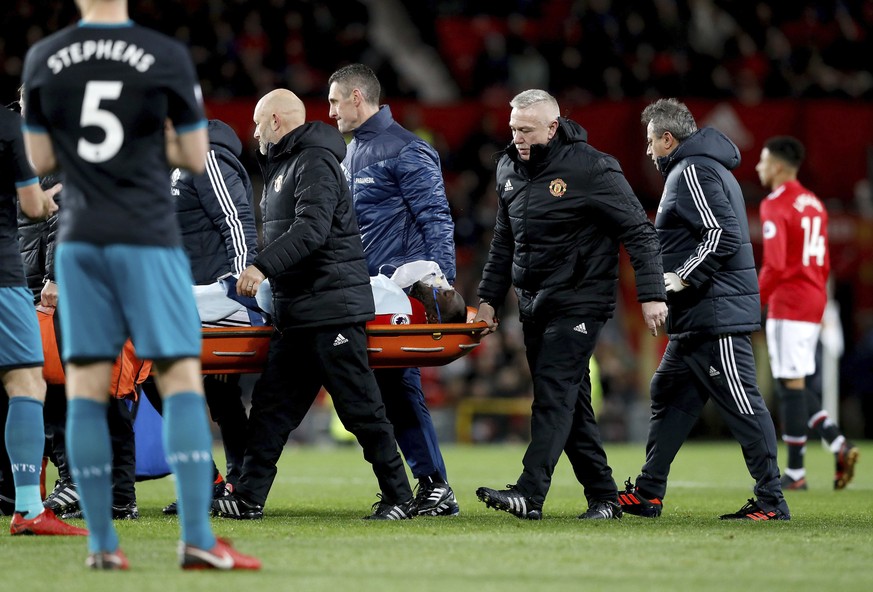 Manchester United&#039;s Romelu Lukaku is carried off the pitch after suffering a head injury during the English Premier League soccer match Manchester United versus Southampton at Old Trafford, Manch ...