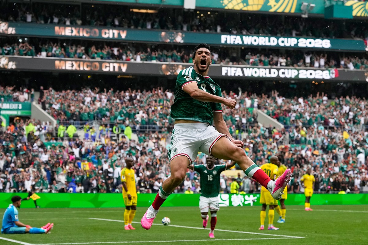 Mexico's Raul Jimenez celebrates after scoring his side's second goal during the World Cup Group A soccer match between Mexico and South Africa in Mexico City, Thursday, June 11, 2026. (AP P ...