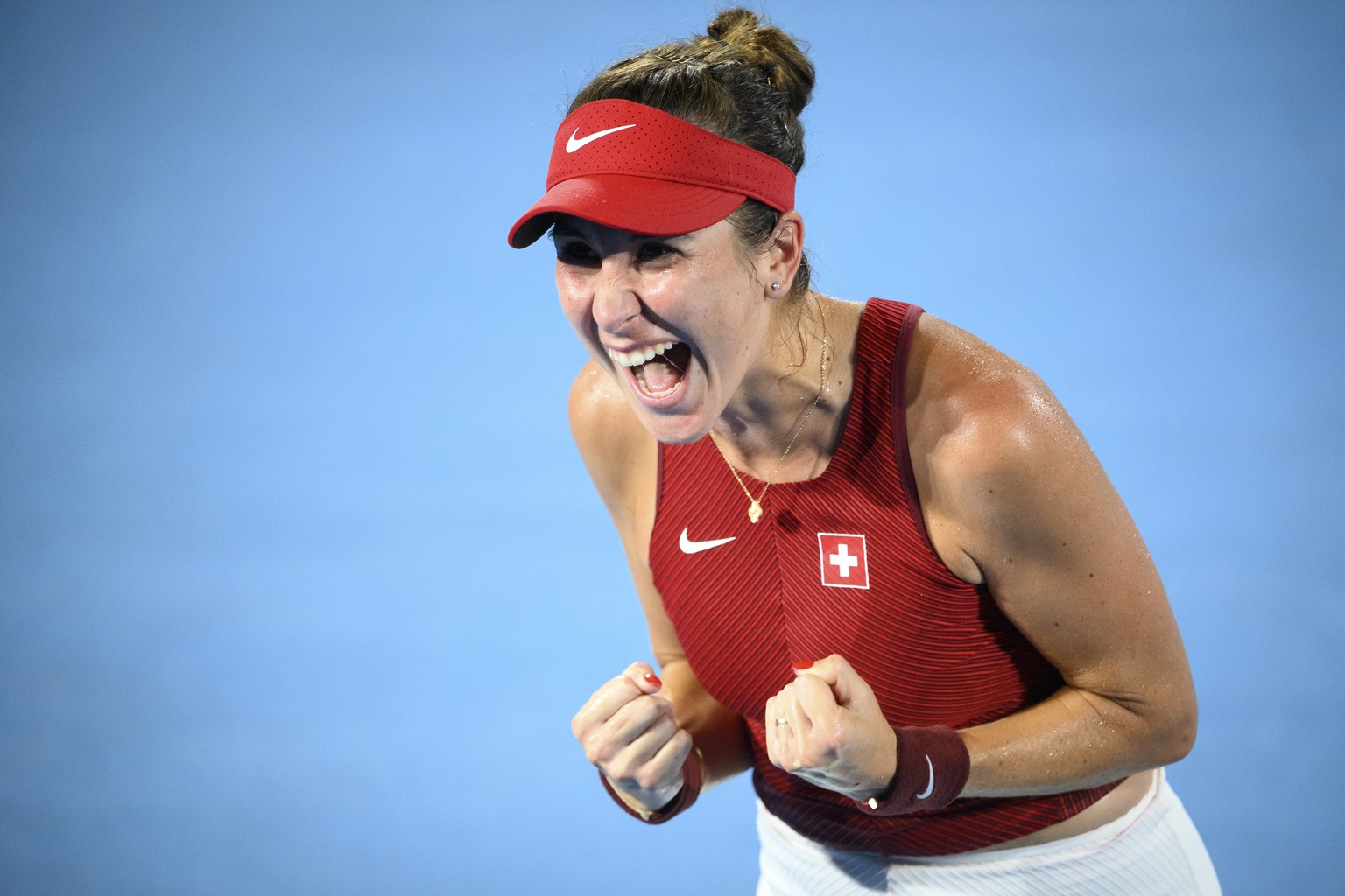 Gold medal winner Belinda Bencic of Switzerland celebrates after winning the games against Marketa Vondrousova of Czech Republic during the women&#039;s singles tennis gold final at the 2020 Tokyo Sum ...