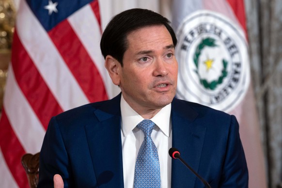 Secretary of State Marco Rubio, accompanied by Paraguay's Foreign Minister RubÈn RamÌrez Lezcano, speaks during the signing ceremony of the United States-Paraguay Status of Forces Agreement at th ...