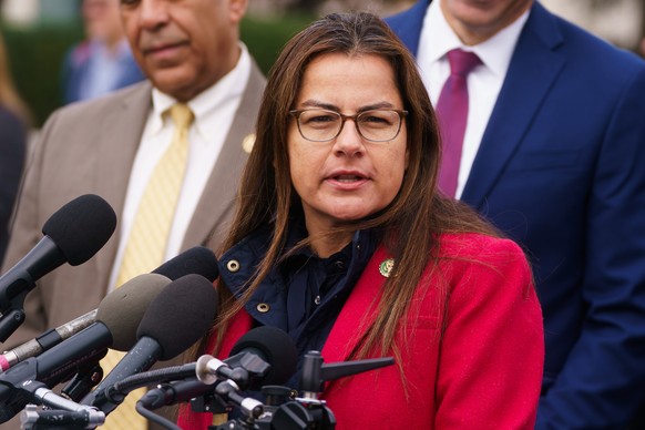 epa11723027 Representative Nanette Barragan, Chair of the Congressional Hispanic Caucus, speaks during a press conference with the Congressional Hispanic Caucus at the US Capitol, in Washington, DC, U ...