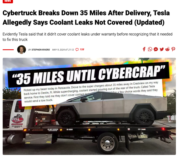 https://www.carscoops.com/2024/05/cybertruck-breaks-down-35-miles-after-delivery-tesla-says-coolant-leaks-not-covered/
