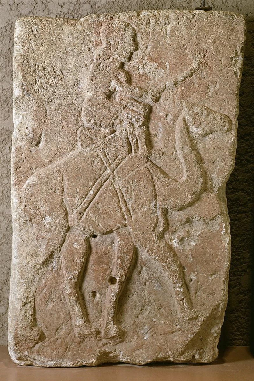 Relief eines Kamelreiters aus Nordsyrien, Tell Halaf, 10. Jahrhundert v. Chr.
https://de.wikipedia.org/wiki/Dromedarii#/media/Datei:Syrian_-_Slab_with_Dromedary_Rider_from_Tell_Halaf_-_Walters_2115.jp ...