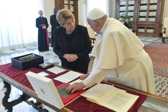 A handout picture provided by the Vatican Media shows Pope Francis during an audience for the President of the Swiss Confederation, Viola Amherd at the Vatican Apostolic Palace, in Vatican City, 04 Ma ...