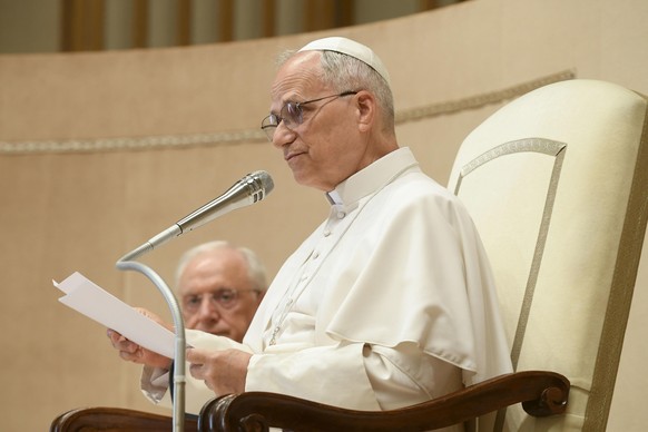 epa12188973 A handout photo made available by the Vatican Media shows Pope Leo XIV during an audience with participants in the Jubilee of the Rulers, in Vatican City, 21 June 2025. During the Jubilee  ...