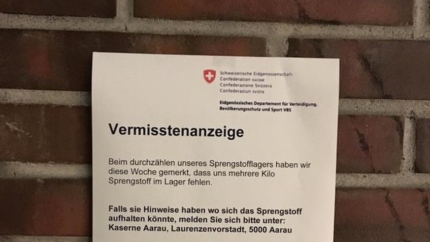 Ein unbekannter Aktivist gab eine Vermisstenanzeige zum verschwundenen Sprengstoff in der Aarauer Kaserne auf.