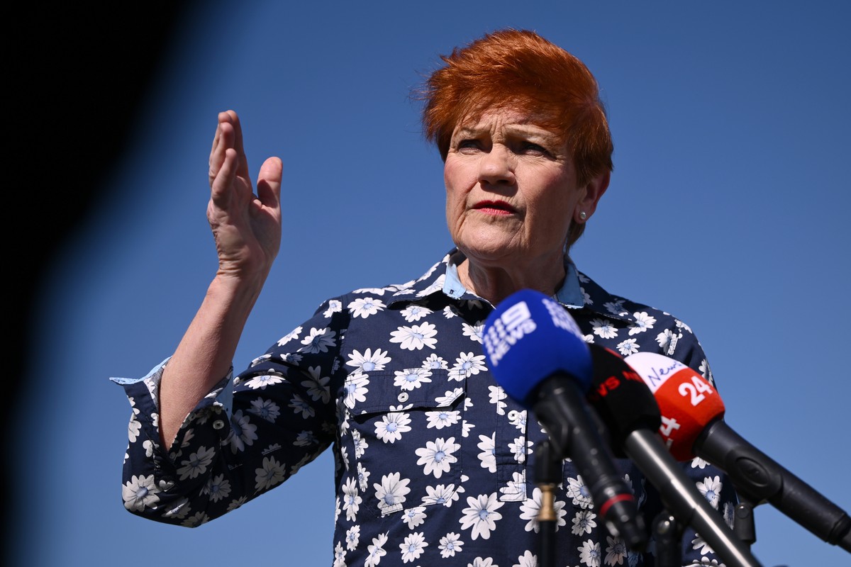 epa13202032 One Nation leader Pauline Hanson speaks to the media during the party's energy policy launch at Miners Lookout in the Latrobe Valley region, Victoria, Australia, 31 August 2026, ahead ...