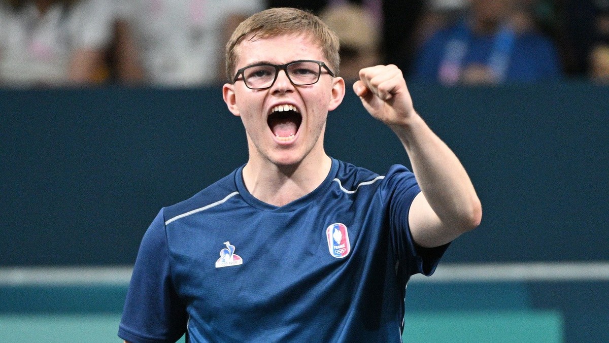 epa11535917 Alexis Lebrun of France reacts during his match against Wang Chuqin of China at the Men's Team Semifinal match between China and France at the Table Tennis competitions in the Paris 2 ...