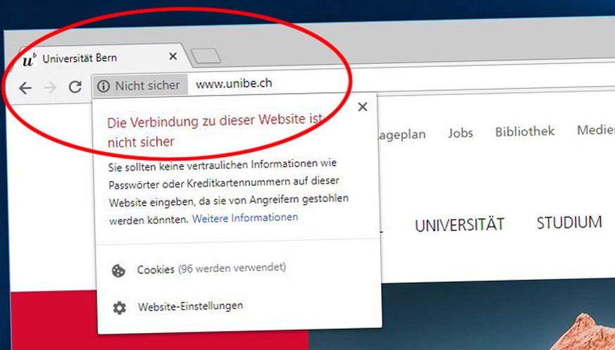 Ab sofort markiert Chrome unverschlüsselte Webseiten, wie die der Universität Bern, als «nicht sicher».