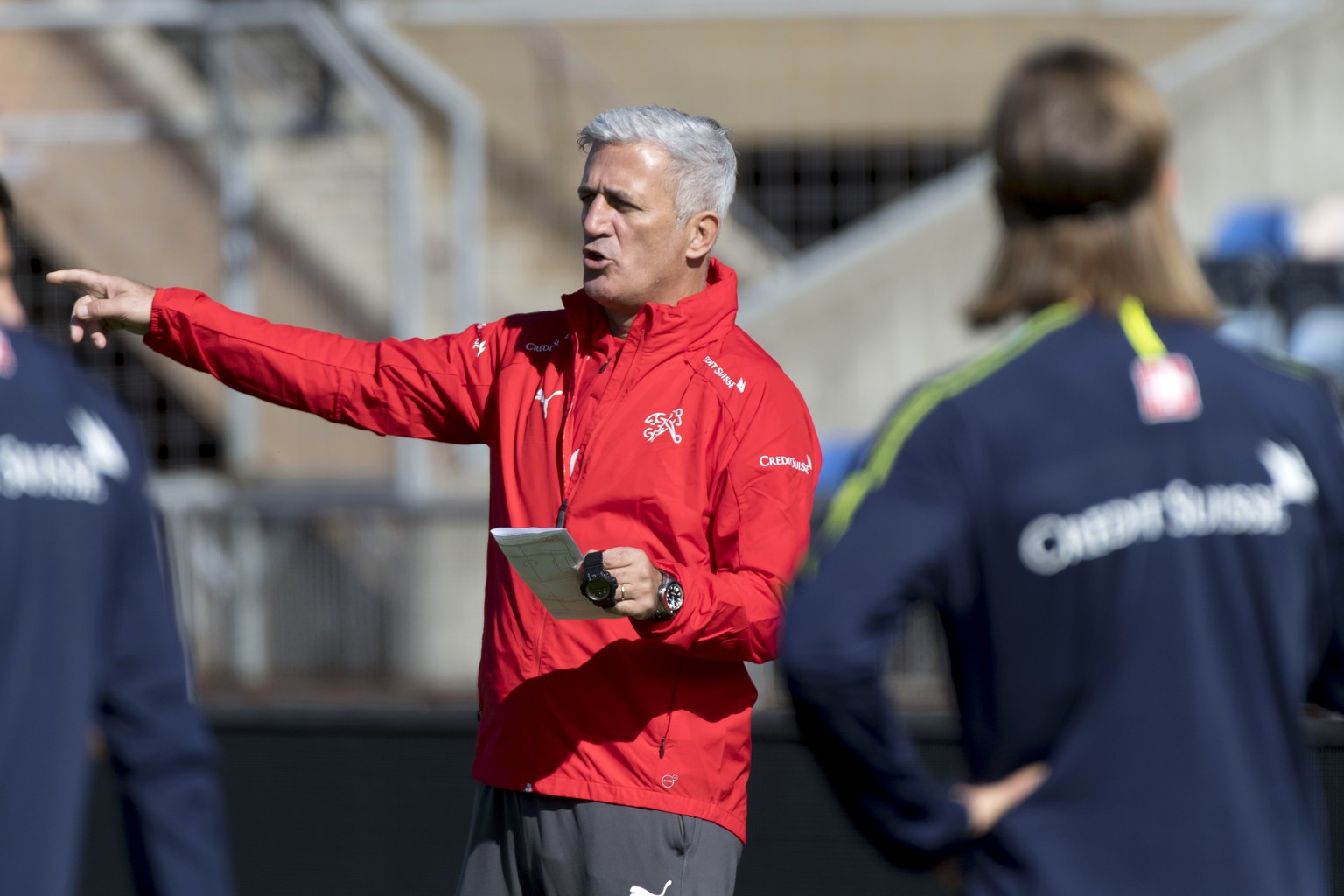 Switzerland&#039;s national soccer team head coach Vladimir Petkovic gestures during a training session before the upcoming UEFA Euro 2020 qualifying soccer matchs, at the Stade Olympique de la Pontai ...