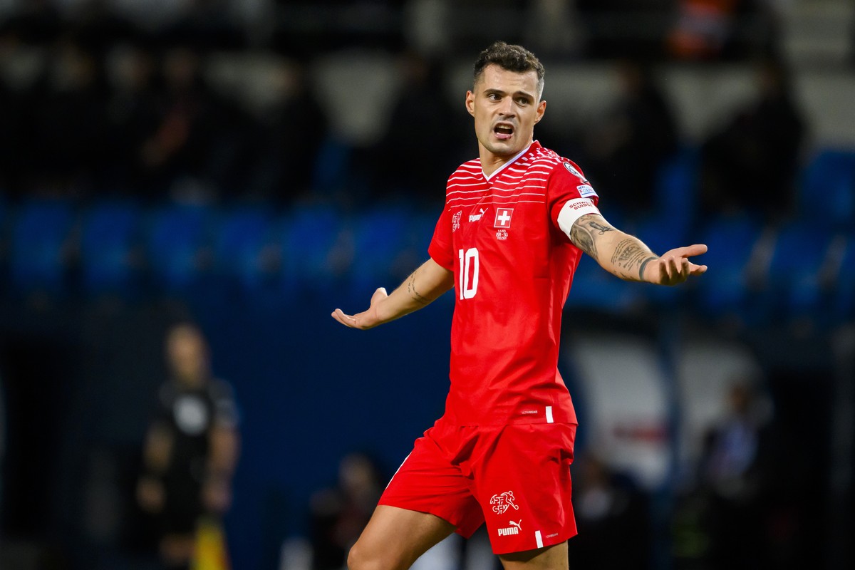 epa10976986 Switzerland's midfielder Granit Xhaka reacts during the UEFA Euro 2024 qualifying group I soccer match between Israel and Switzerland at Pancho Arena in Felcsut, southwest of Budapest ...