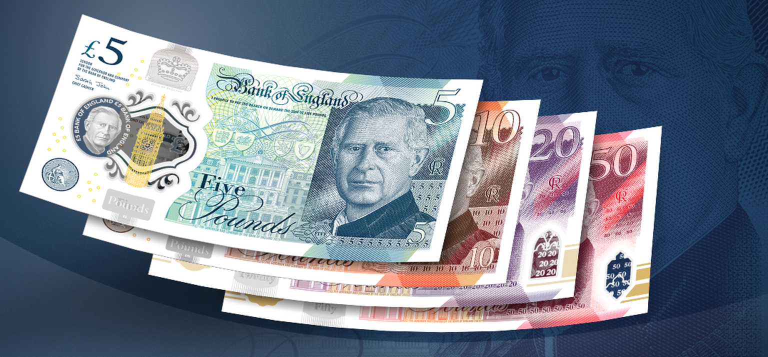 Britische Banknoten mit dem Konterfei von Charles III.
https://www.bankofengland.co.uk/banknotes/king-charles-banknotes