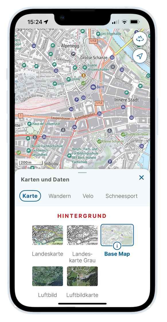 Hauptmenü der neuen Swisstopo-App (Februar 2024).