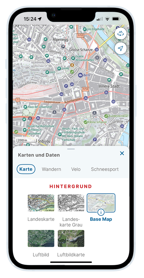 Main menu of the new Swisstopo app (February 2024).
