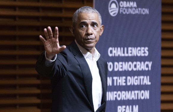 Former President Barack Obama speaks during the Challenges to Democracy in the digital Information Realm symposium hosted by the Cyber Policy Center at Stanford University in Stanford, Calif., Thursda ...