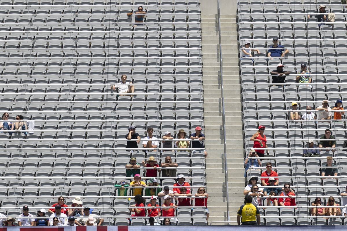 Spectators on the tribune watch a friendly soccer match between Switzerland and Australia at the Snapdragon Stadium in San Diego, California, USA, Saturday, June 6, 2026, ahead of the 2026 FIFA World  ...