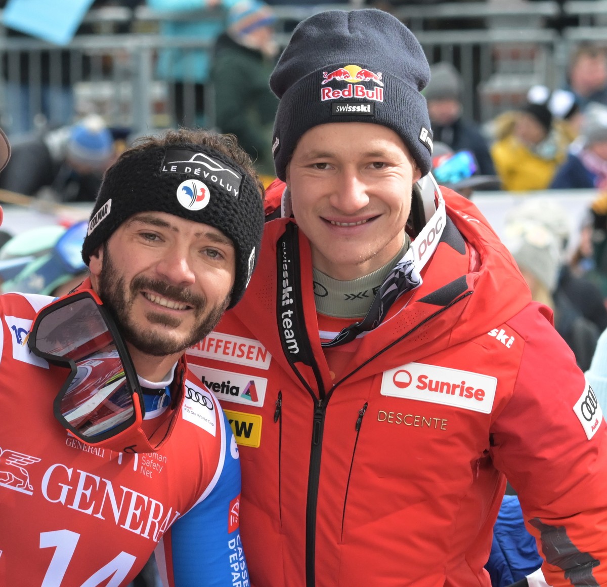 epa11089601 (L-R) Florian Schieder of Italy, Cyprien Sarrazin of France and Marco Odermatt of Switzerland pose in the finish area during the Men's Downhill race at the FIS Alpine Skiing World Cup ...