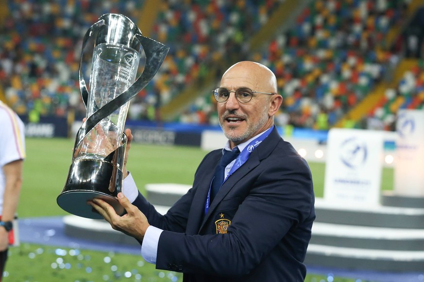 Spain U21, U 21 v Germany U21 - UEFA European Under-21 Championship - Final - Stadio Friuli June 30, 2019 - Udine, United Kingdom - Luis de la Fuente manager of Spain celebrates with the Winners Troph ...