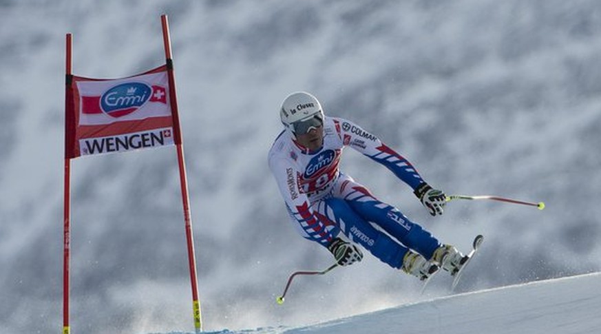 French ski racer Johan Clarey at the Silberhorn jump during the downhill at the FIS Ski World Cup at the Lauberhorn in Wengen, Switzerland, Saturday, January 19, 2013. (KEYSTONE/Peter Schneider)