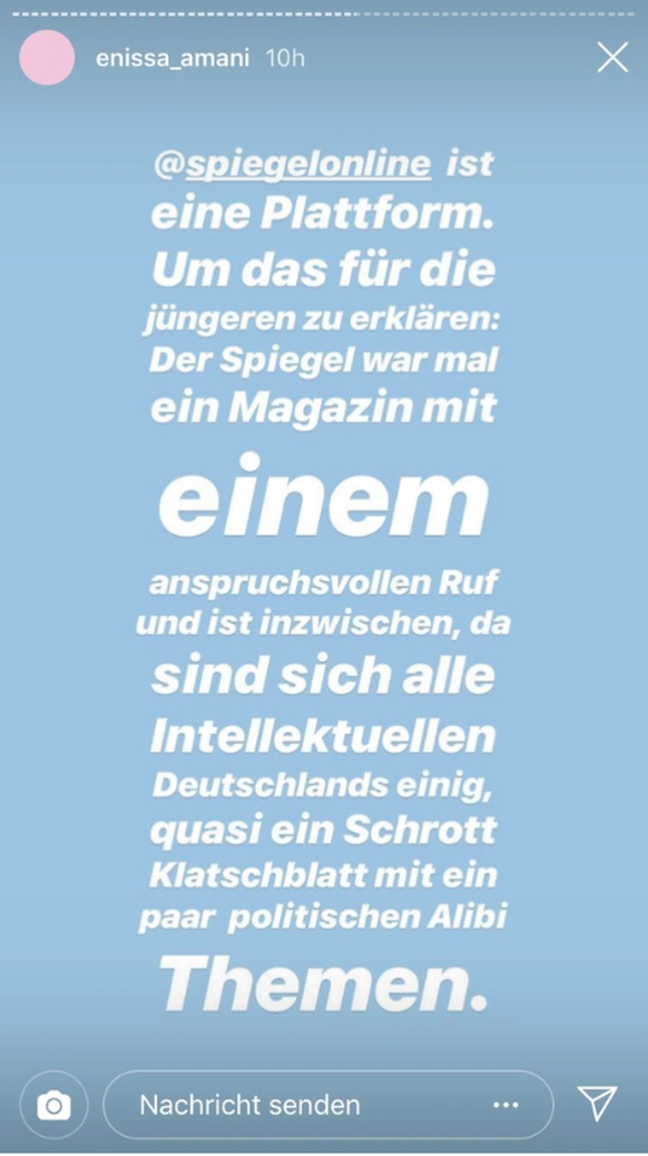 Enissa Amani kritisierte «Spiegel Online» und im besonderen Anja Rützel auf Instagram vor wenigen Tagen mit diesem Post.